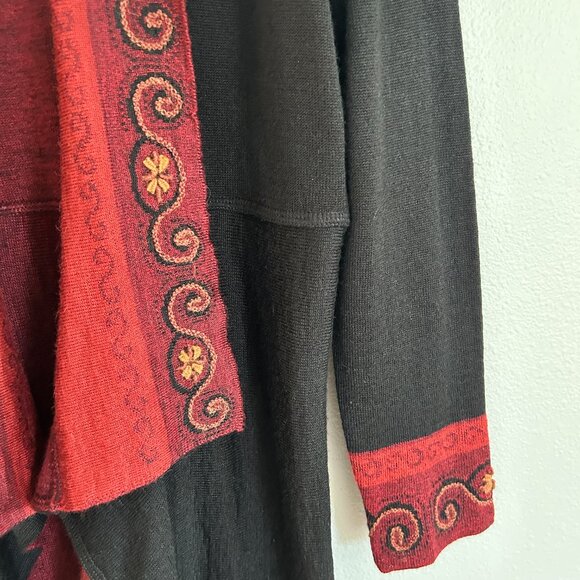 Peruvian Link Sweater M Black Red Alpaca Embroidered Open Cardigan Duster - Picture 3 of 12